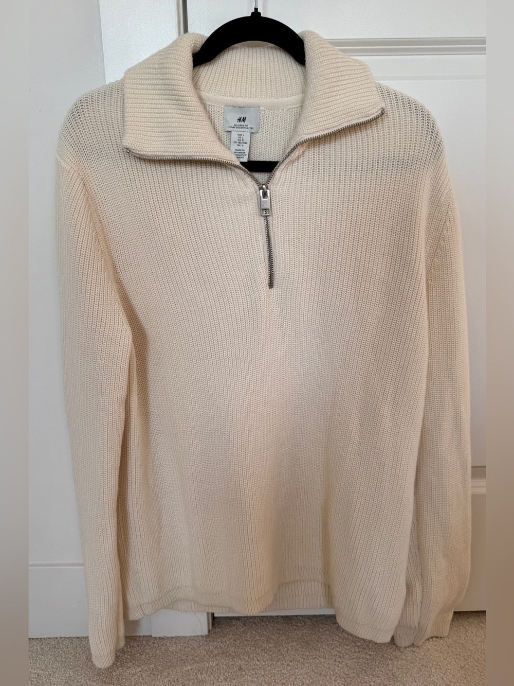 H&M Men Cream Half-Zip Knit Sweater
